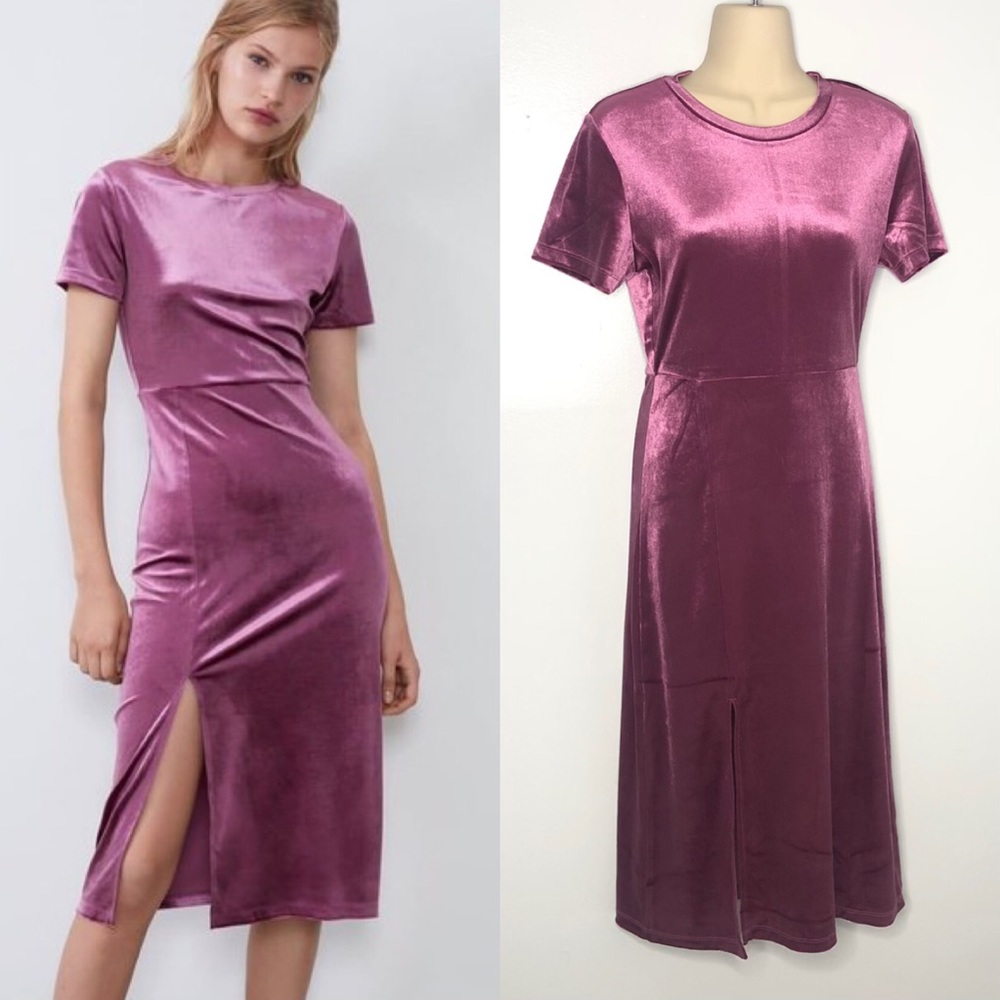 Zara pink velvet midi side slit dress M